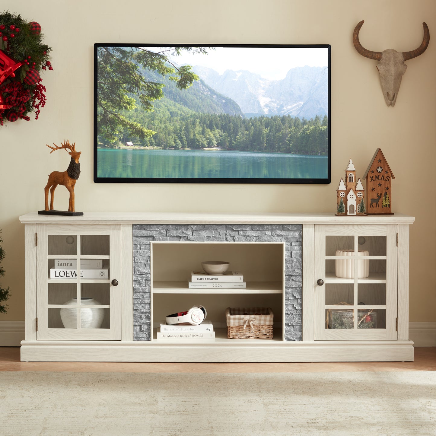 70  Modern TV Stand With 2-Door Storage, Faux Stone Media Console Cabinet, White Large Entertainment Center For Living Room