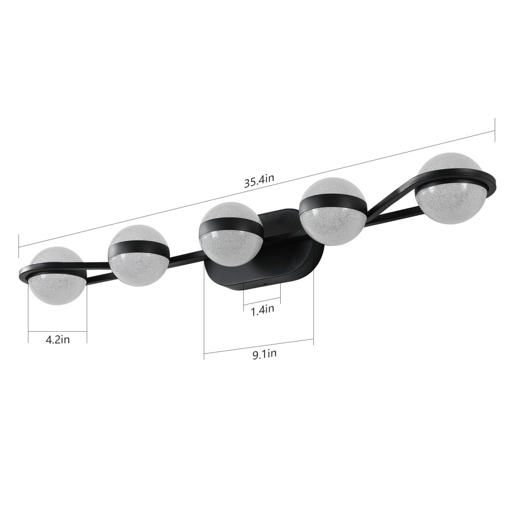 Modern Minimalist Bathroom Vanity Light, LED 5 Bulb Frosted Glass Shades, Wall Mounted Decorative Lighting Fixture, Suitable For Bathroom Vanity Mirror  Black
