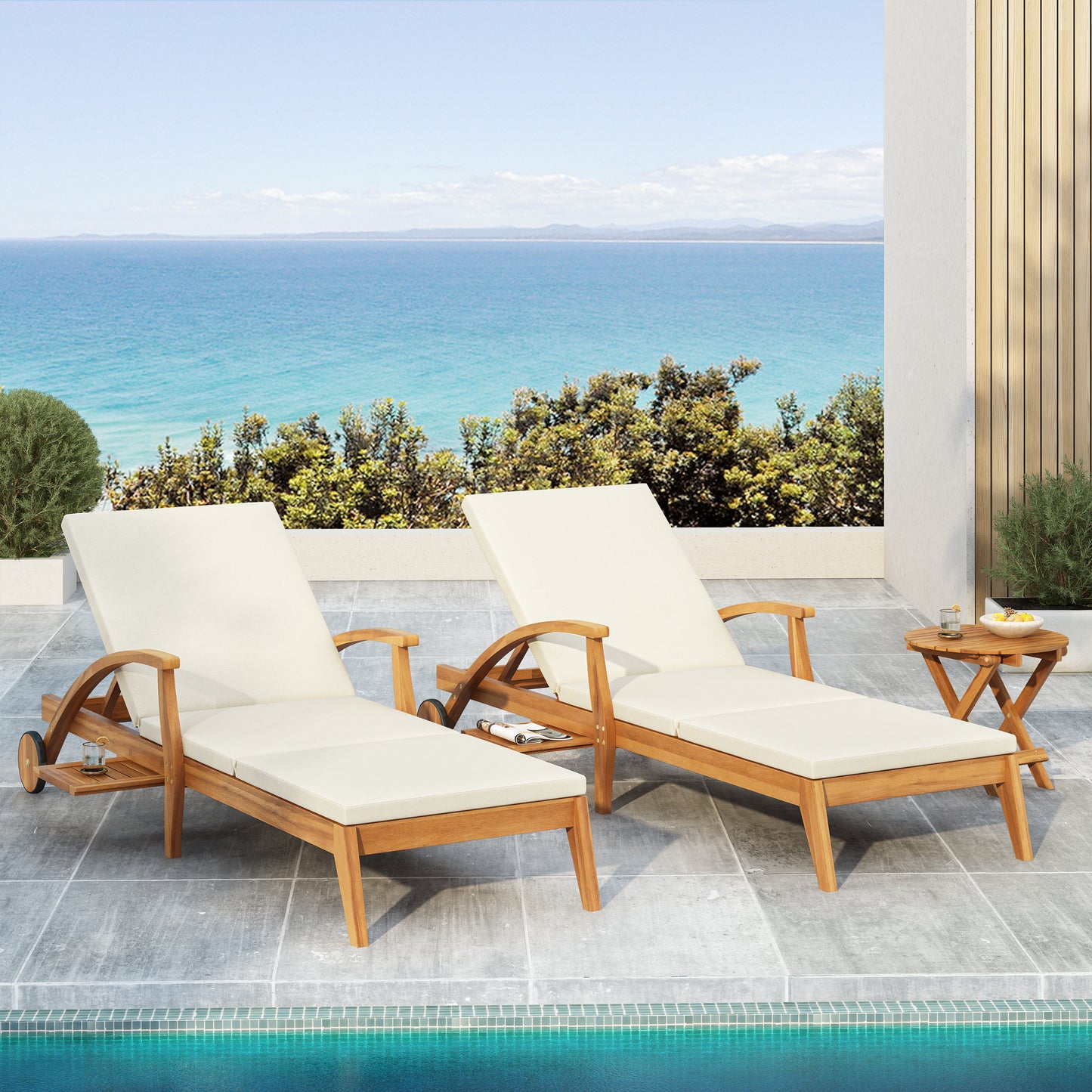 CHAISE LOUNGE WITH WHEEL - ACACIA WOOD RECLINER FOR PATIO GARDEN, WITH 2INCH WHITE CUSHION, 4-POSITION ADJUSTABLE BACKREST, VERSATILE OUTDOOR FURNITURE