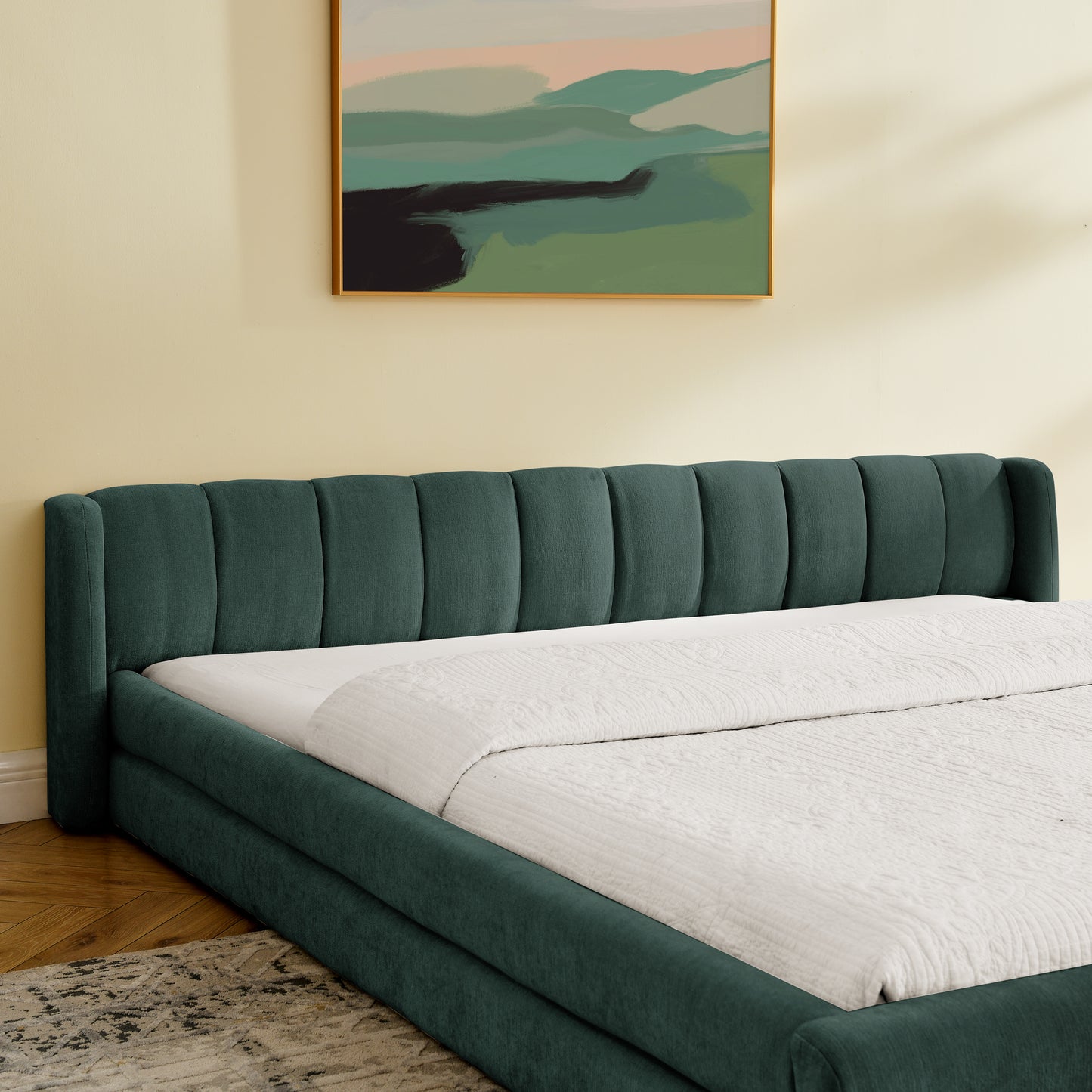 King Size Upholstered Bed Frame With Thick Fabric, Comfortable Upholstered Bed Frame, Chenille Fabric, With Headboard And Solid Bed Frame-Blue Green88x87x23