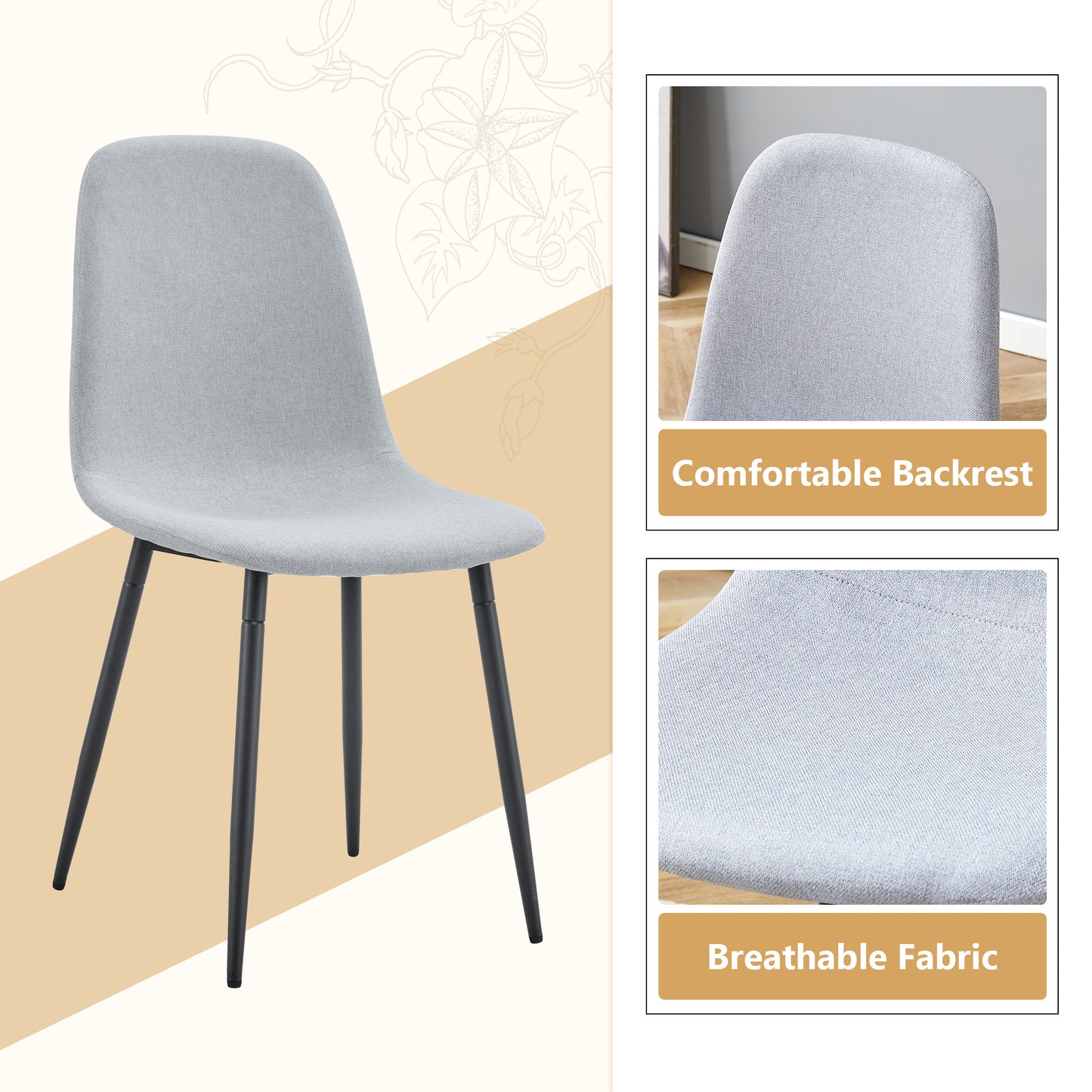 Table And Chair Set. 42 Inch Round MDF Black Dining Table With Double-layer Storage Shelves, Stable Frame. Paired With 4 Light Gray Linen-Cotton Material High Resilience Dining Chair With Metal Leg.