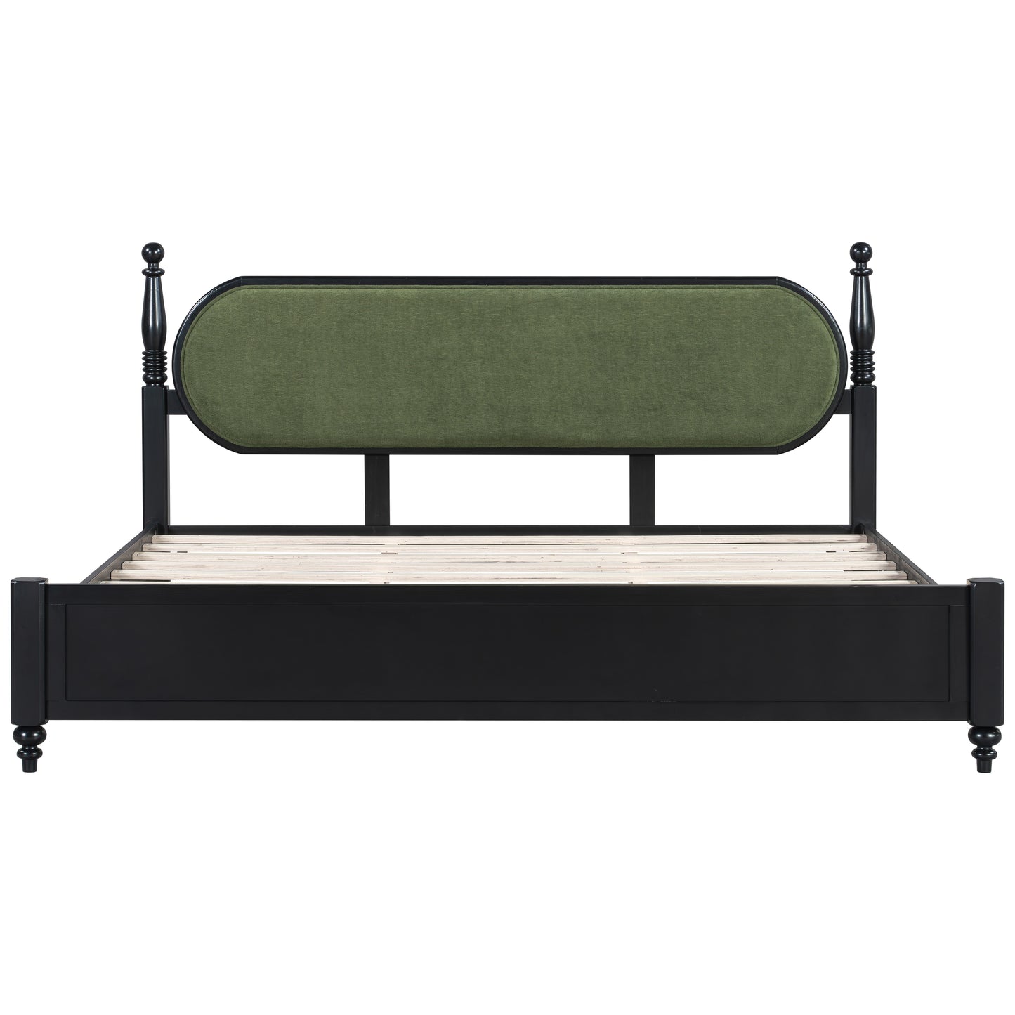 King Bed Frame, Solid Wood Platform With Slats, Modern Green & Black Bedroom Furniture, No Box Spring Needed