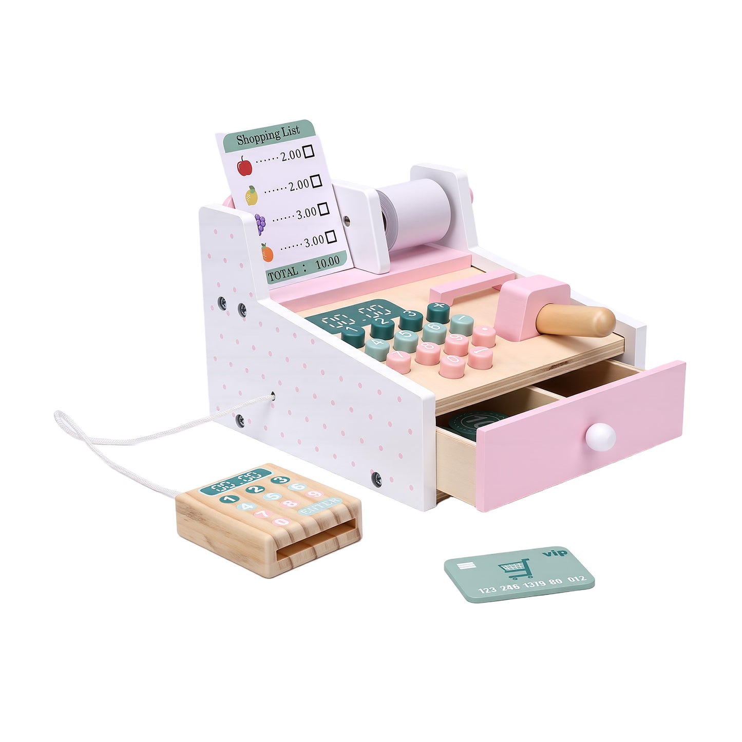 Wooden Toy Cash Register With Scanner Math Learning Role Play Cashier Game Set For Kids Pink