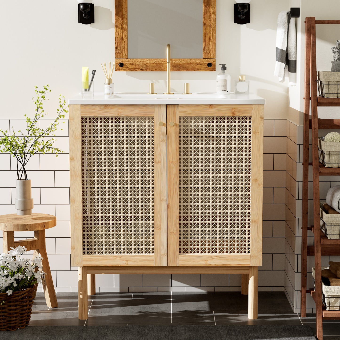 30-inch Bathroom Vanity Crafted From Natural Materials, Featuring Handmade Rattan Doors And Soft-closing Mechanisms