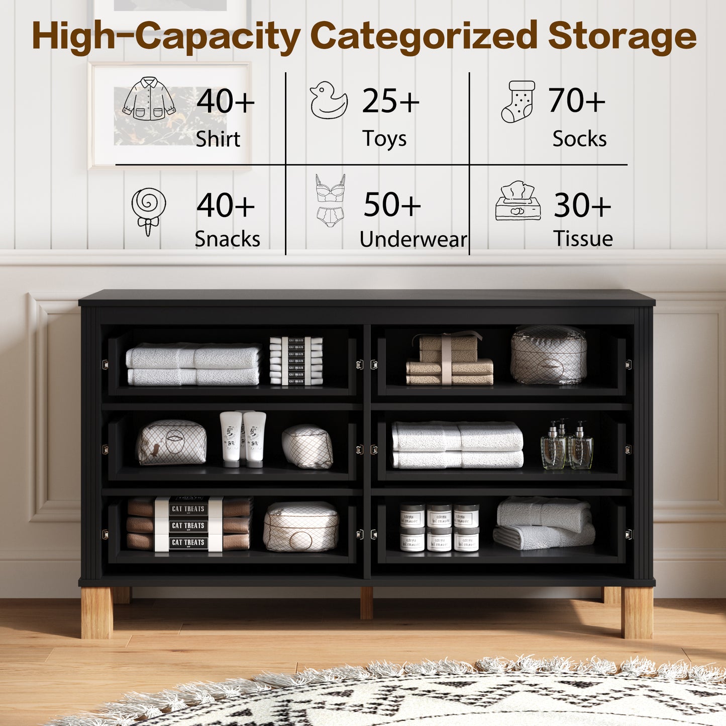 6-Drawer Double Dresser , Modern Storage Cabinet With Metal Handles & Solid Wood Legs, Dresser Drawer Organizer For Kids Bedroom, Heavy-Duty Wooden Dresser With Pre-Installed,Black