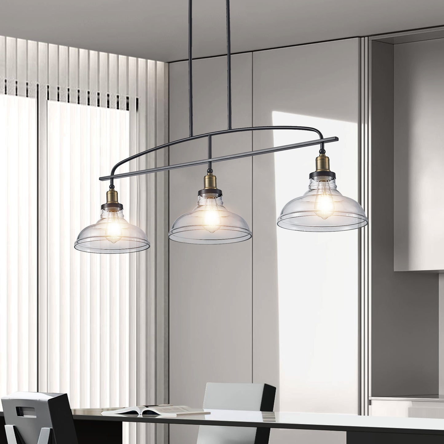 45 Industrial 3-Light Pendant Chandelier With Clear Glass Shades, Black Metal Frame, Adjustable Height, Modern Farmhouse Lighting For Kitchen Island, Dining Room, Or Living Room Bulb Not Included
