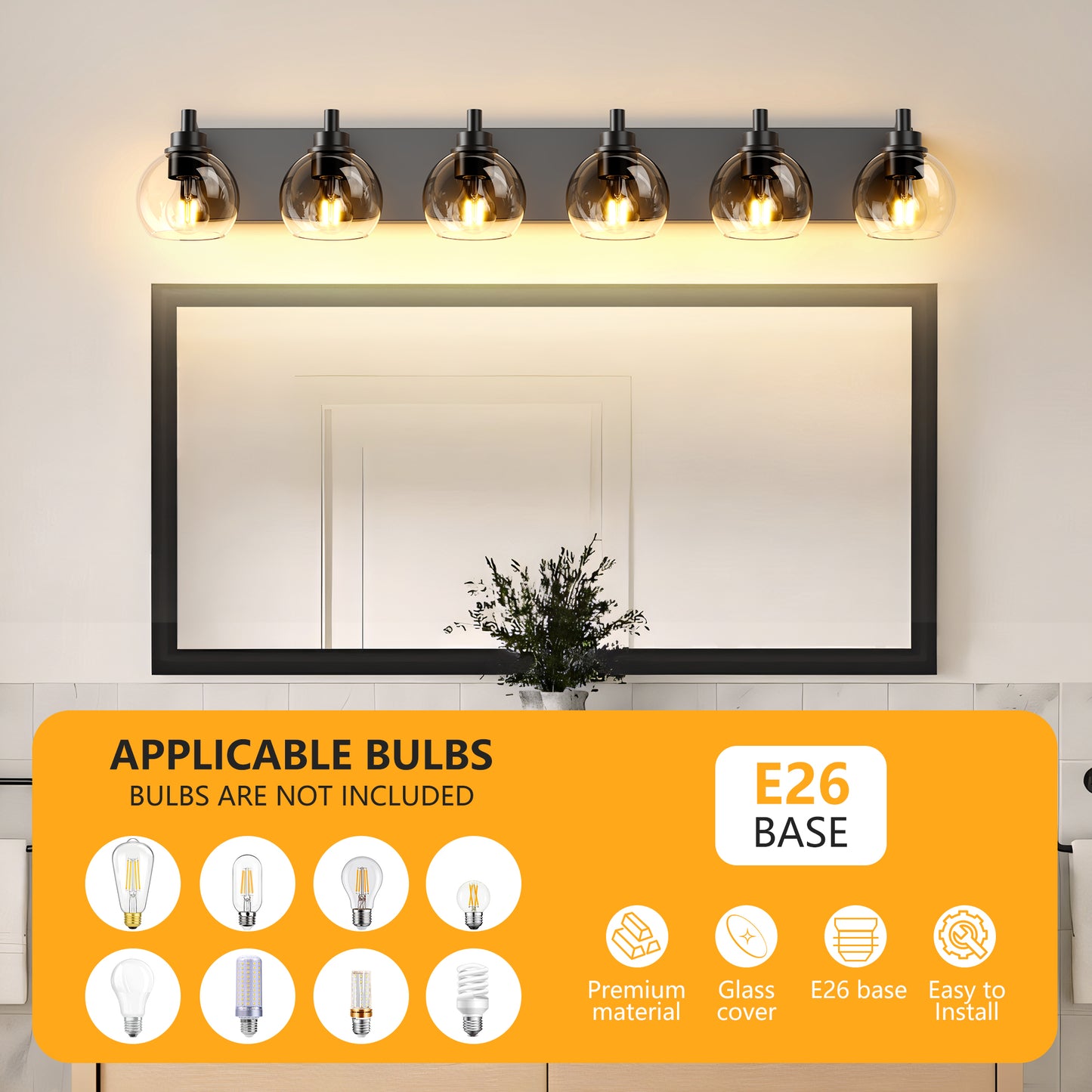 Farmhouse Bathroom Vanity Light Fixtures, 6-Light Bathroom Light Fixtures Over Mirror, Rustic Sconces Wall Lighting With Glass Shade For Living Room, Bedroom, Hallway