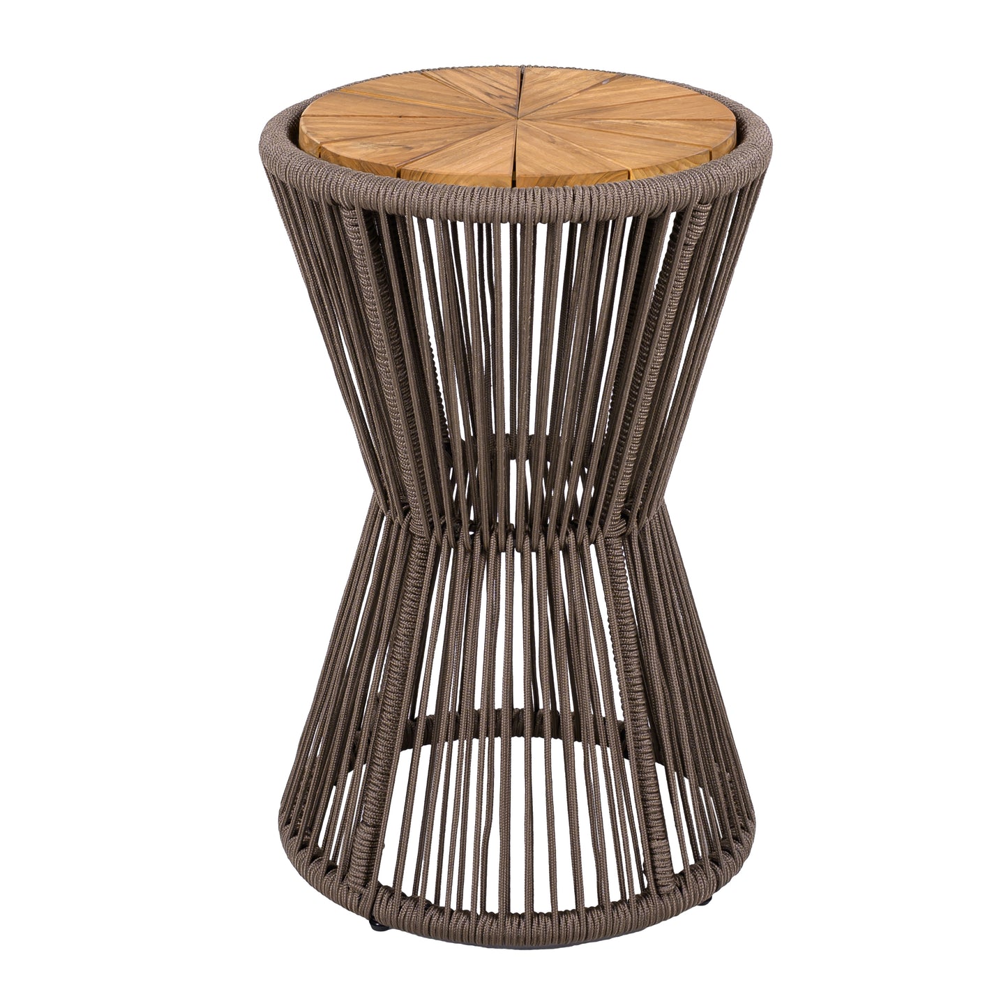 Outdoor Side Table, Dark Grey Rope And Acacia Wood, 25.80  Height, 16.14  Diameter, Elegant Long Hourglass Design, Weather Resistant, For Patio, Deck, Garden, Balcony, Modern Minimalist Style