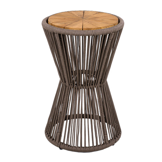Outdoor Side Table, Dark Grey Rope And Acacia Wood, 25.80  Height, 16.14  Diameter, Elegant Long Hourglass Design, Weather Resistant, For Patio, Deck, Garden, Balcony, Modern Minimalist Style