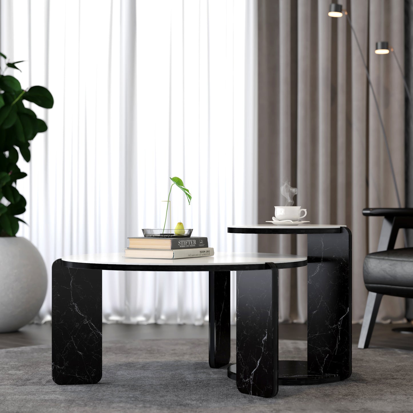 Set Of 2 Round Nesting Coffee Table For Small Place,living Room End Table With White Sintered Stone Top, 32.68 16.93 Diameter Side Table Night Stand For Bed Room Dining Room,83 43cm Sofa Table