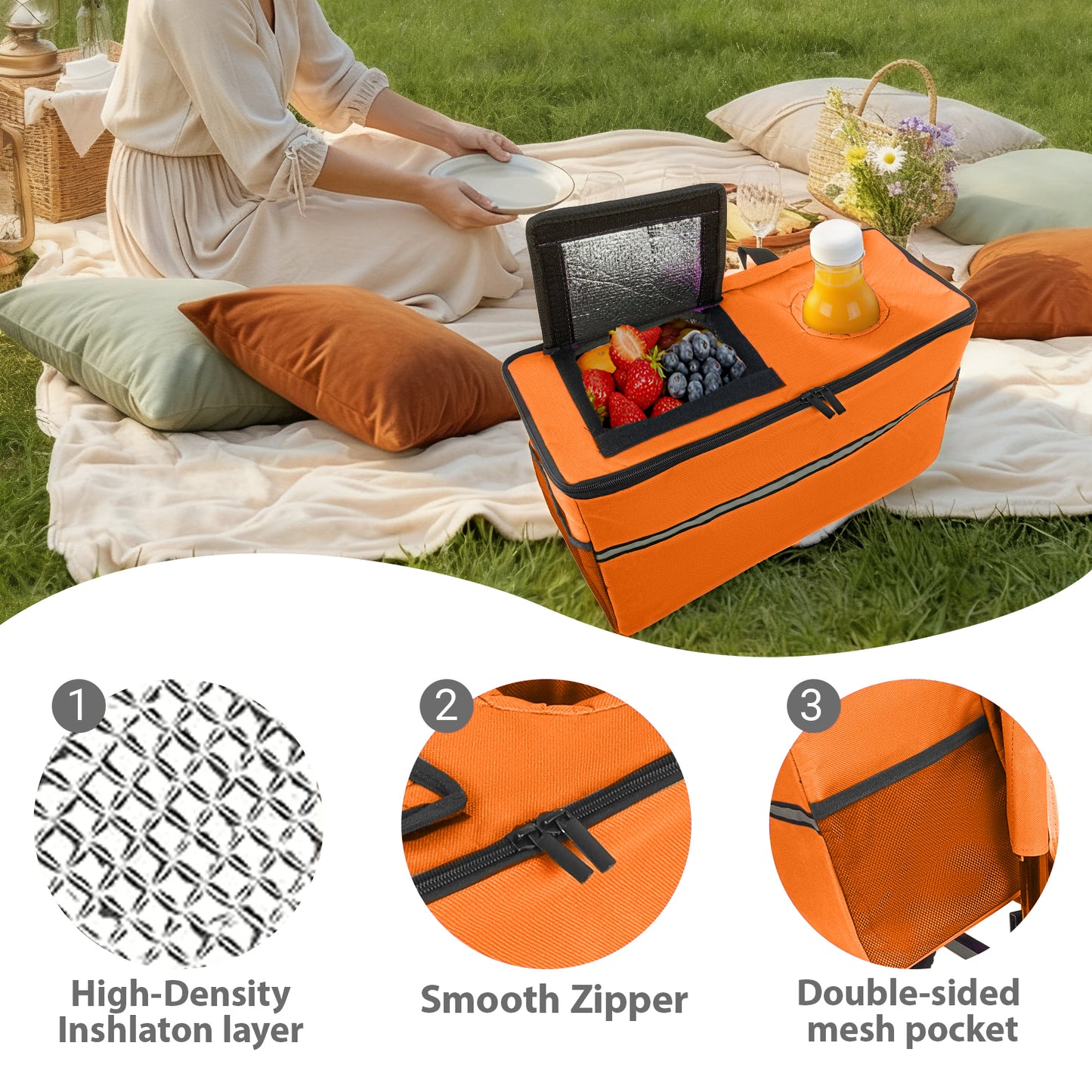 3- In- 1 Folding Wagon With Bench Seat - Patent Protection  Includes 1 Ice Pack  500lbs Capacity  9 X4  Beach Tires For Camping & Beach  Orange