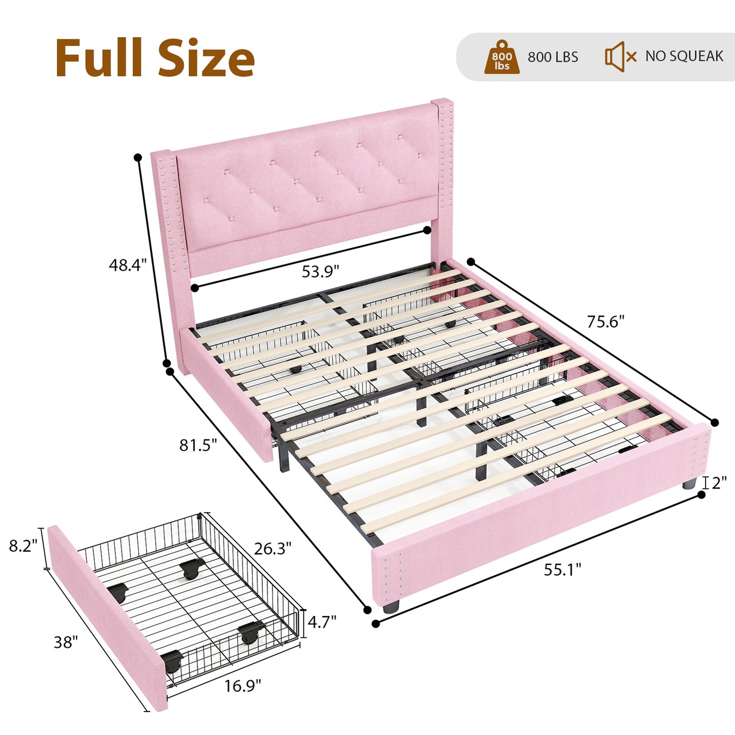 Full Size Bed Frame With Upholstered Button Tufted Headboard Wood Slat Support Metal Platform Bed Frame With 4 Drawers No Box Spring Needed Easy Assembly For Home
