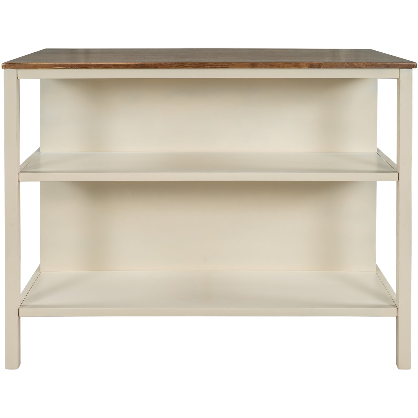 TOPMAx Solid Wood Rustic 45  Stationary Kitchen Island  Rubber Wood Butcher Block Dining Table Prep Table With 2 Open Shelves For Small Places Walnut Cream White