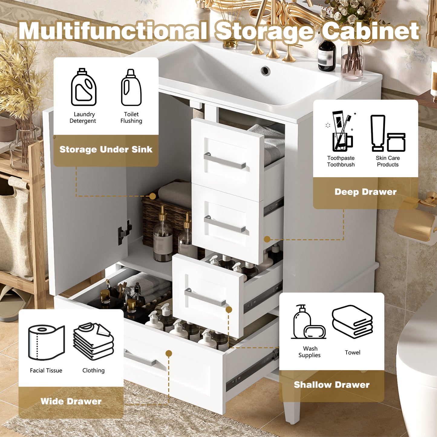 24.8  Bathroom Vanity With Ceramic Sink, Modern Freestanding Cabinet Featuring Soft-Close Door, Deep Drawer, Shallow Drawer & Wide Drawer For Space-Saving Storage