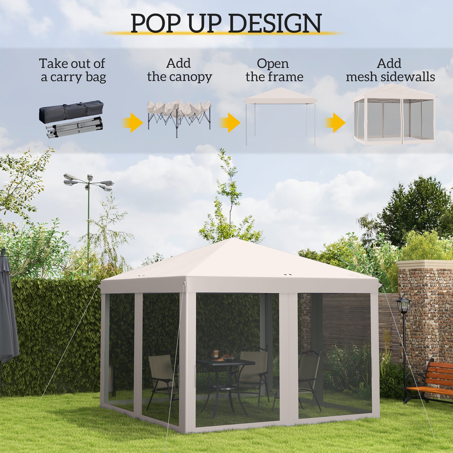 10' X 10' Pop Up Canopy Tent With Netting, Instant Gazebo, Screen House Room With Carry Bag, Height Adjustable, For Outdoor, Garden, Patio, Camping, Beige
