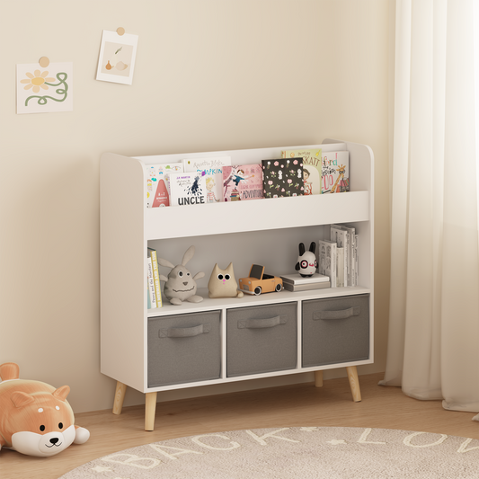 Kids Bookshelf With 3 Fabric Bins, Modern Children's Bookcase With Storage For Toys And Books, Toddler Book Organizer Shelf For Playroom, Bedroom, Or Nursery, White And Gray