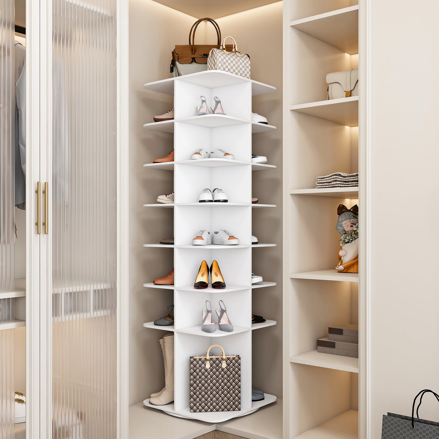 Rotating Shoe Rack Tower, 7-Tier Spinning Shoe Rack, Free Standing 360 Revolving Shoe Organizer, High Bottom Design Shoe Tower Spinning Storage Lazy Susany, Fits 28 Pairs Of Shoes  7-Tier White