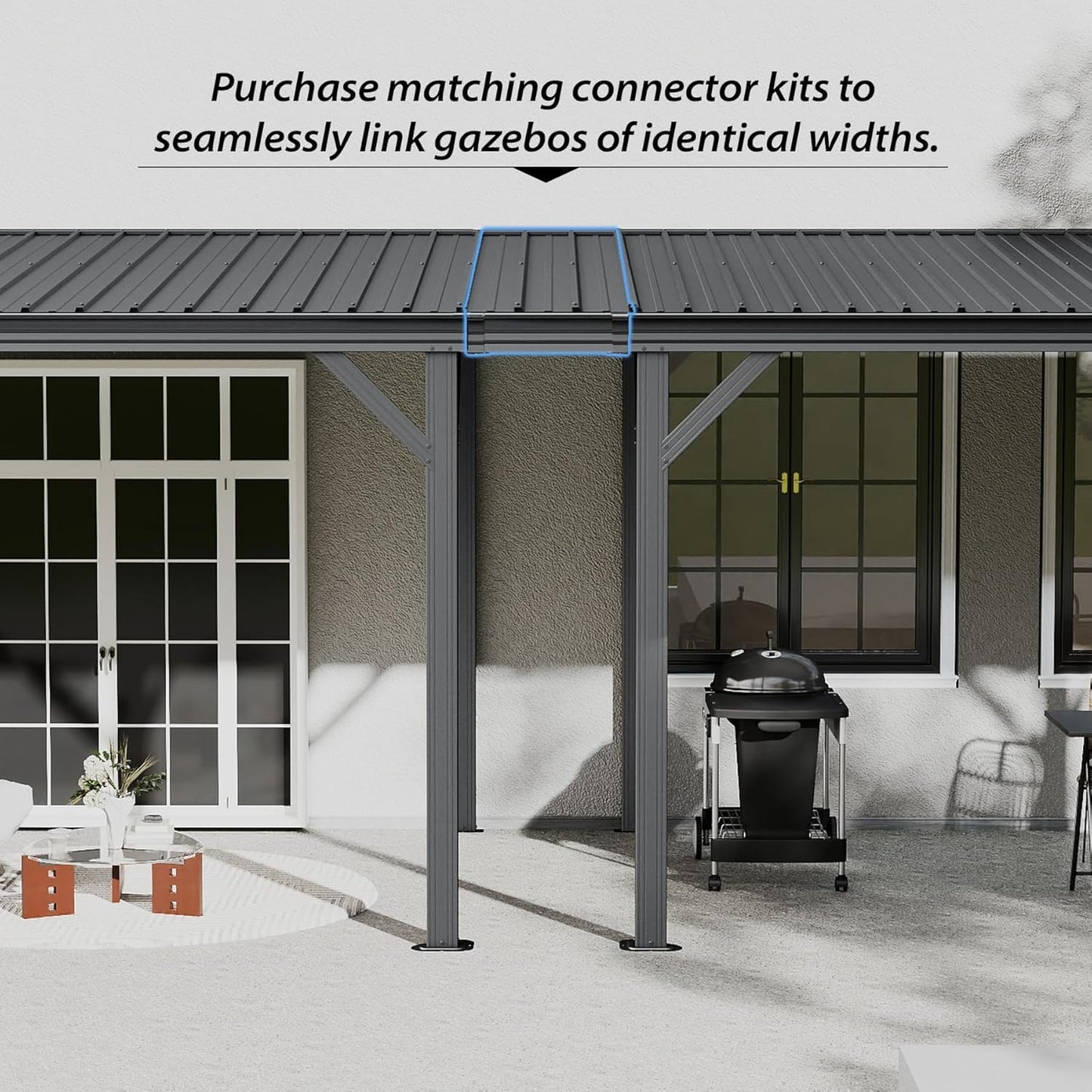 10  X16   Hardtop Wall Mounted Gazebo, Expandable Lean To Gazebo Pergola With Gutters & Galvanized Steel Roof, 60MPH Wind Resistance Outdoor Heavy Duty Canopy Sun Shade For Patio, Backyard - Grey