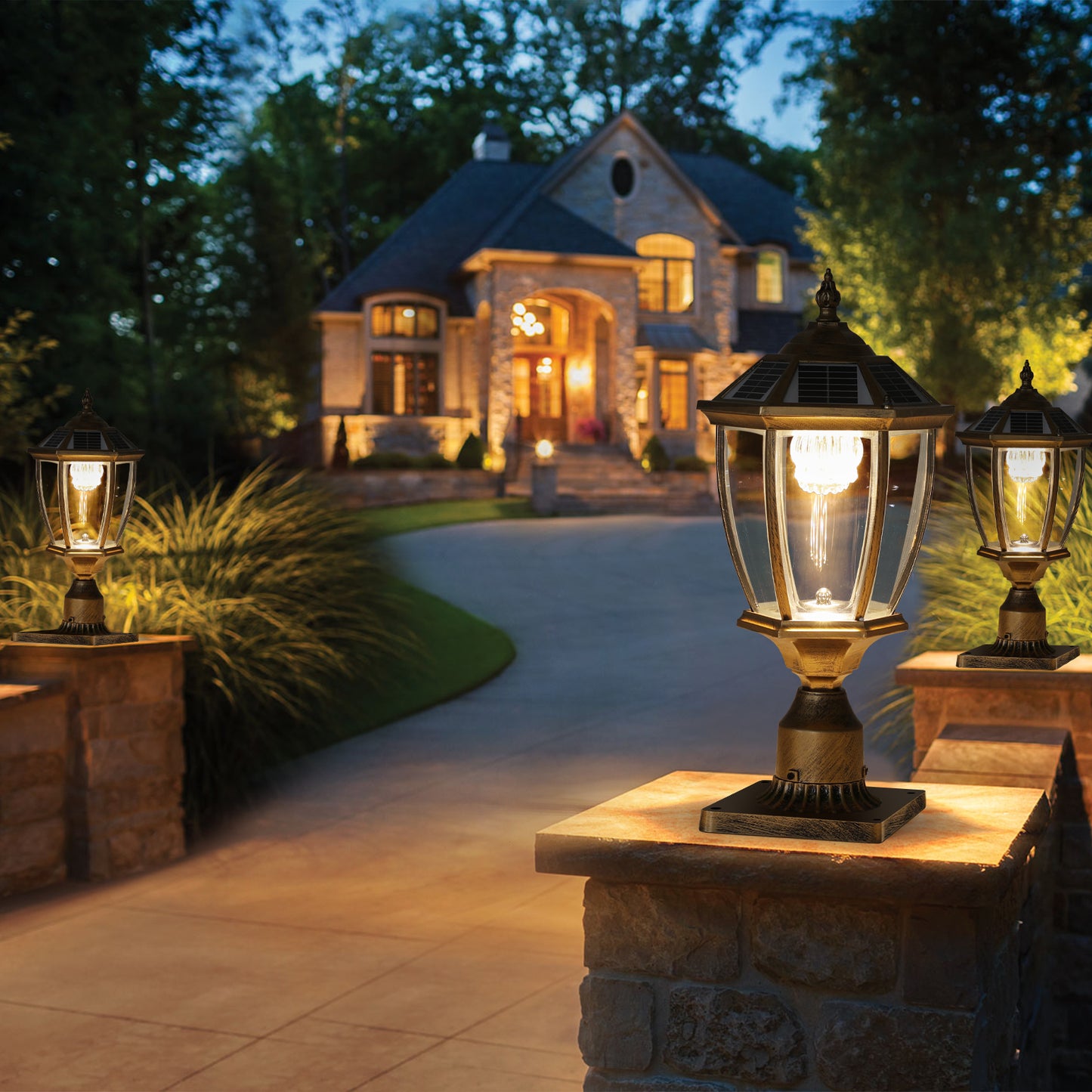 20 H  Golden Solar Powered LED Outdoor Lantern, Vintage Garden Light With Elegant Glass Design For Pathways, Yards, And Patios 2-Pack