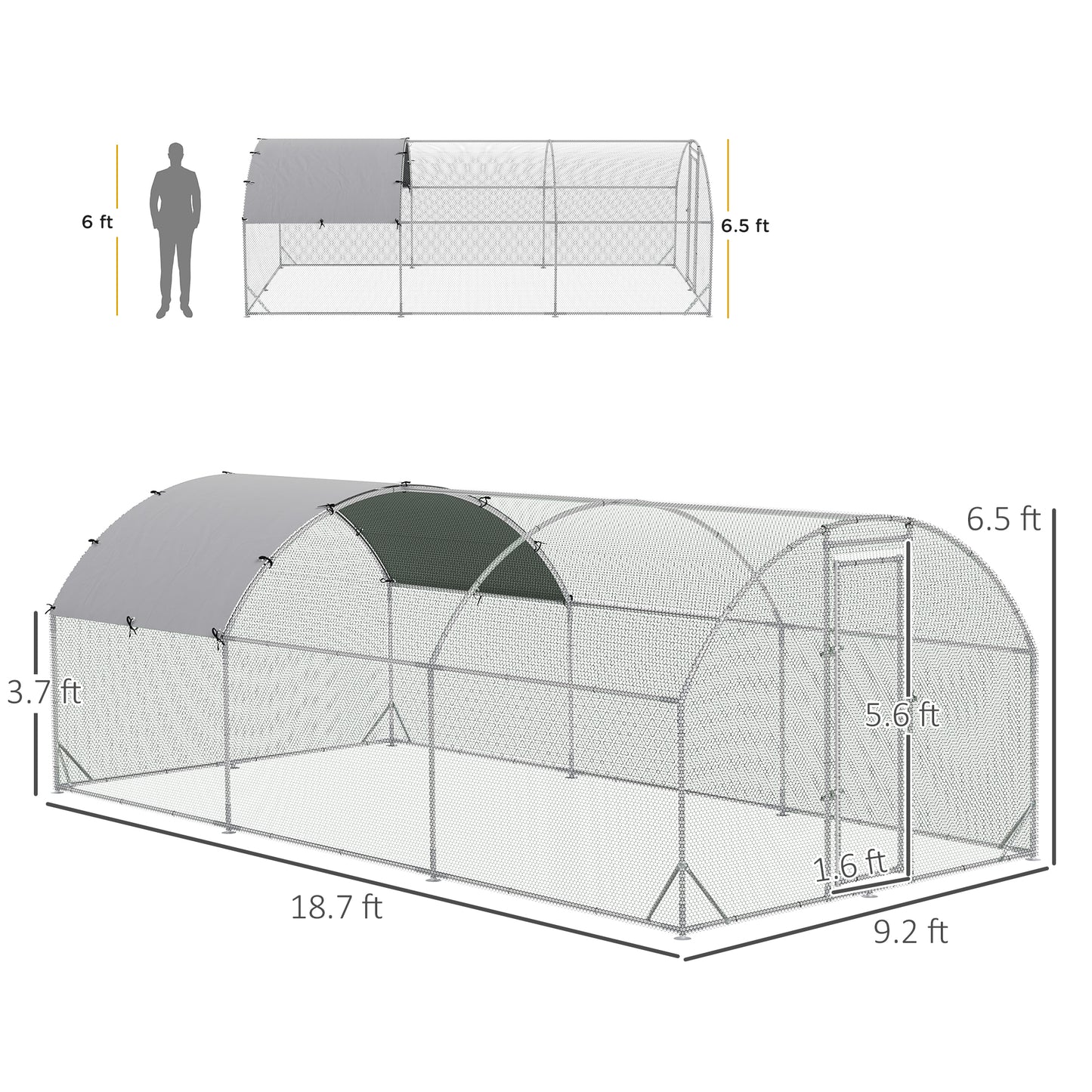 PawHut Large Chicken Coop Metal Chicken Run With Waterproof And Anti-UV Cover, Dome Shaped Walk-in Fence Cage Hen House For Outdoor And Yard Farm Use, 1 Tube Diameter, 9.2X 18.7X 6.5