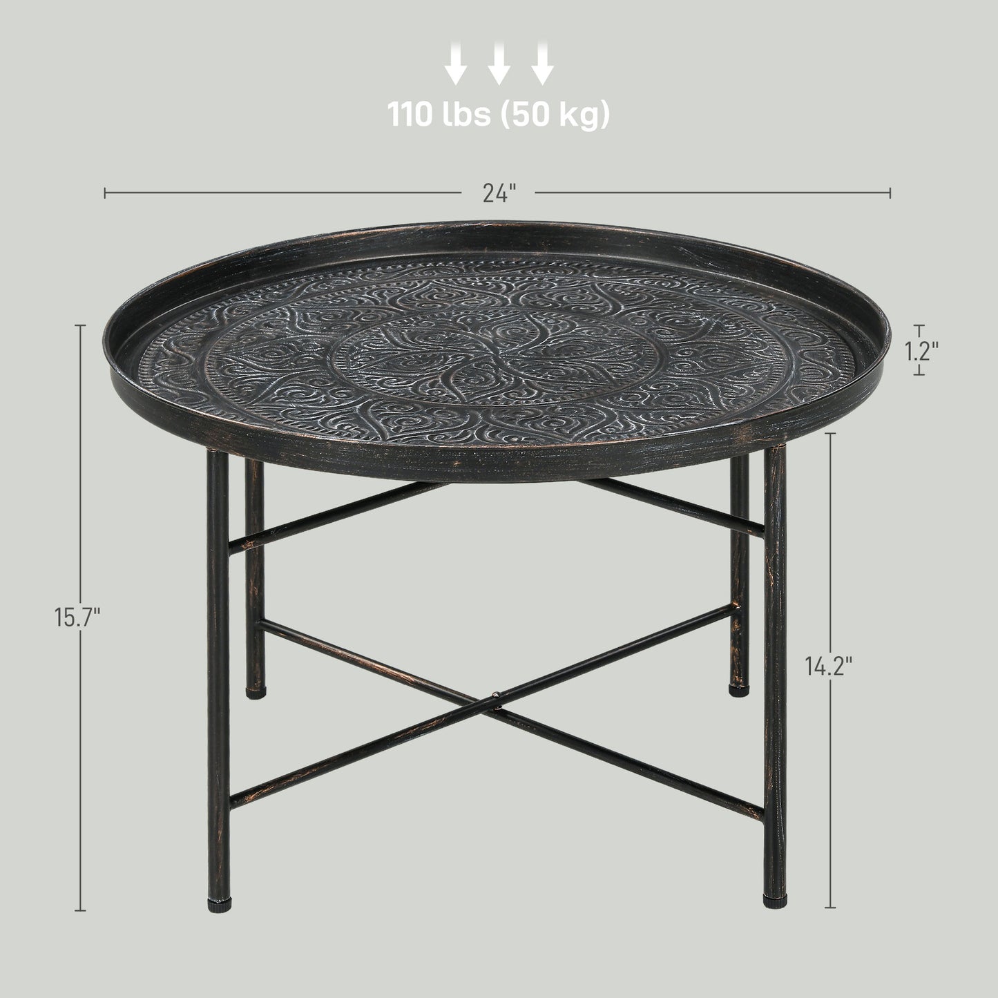 Coffee Table For Living Room, 24" Round Center Table With Hammered Tray Top And Metal Frame For Bedroom, Pewter