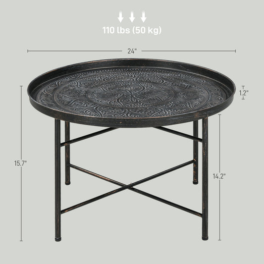 Coffee Table For Living Room, 24" Round Center Table With Hammered Tray Top And Metal Frame For Bedroom, Pewter