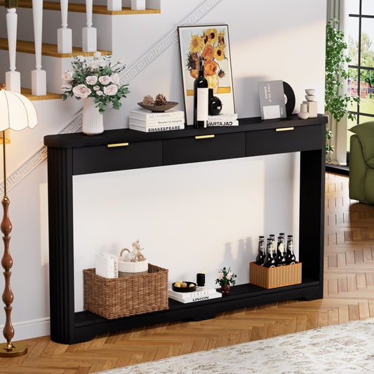 70.1  Wavy-Patterned Storage Table With Drawers, A Slim Wooden Side Table That Can Be Placed Behind A Sofa, Ideal For Entryways, Hallways, And Doorways.Black.70.1 Lx8.7 Wx35.5 H