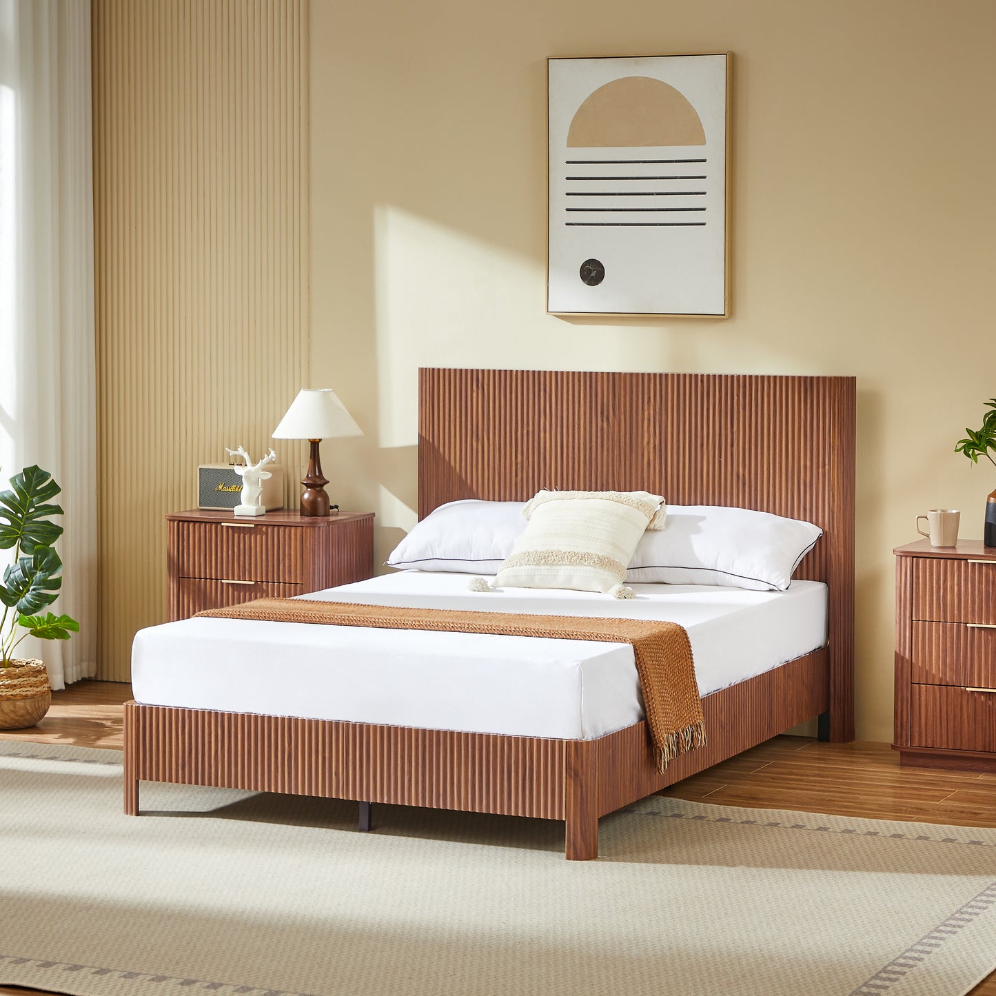 Full Size Wooden Corrugated Curved Lines,No Box Spring Needed, Walnut.