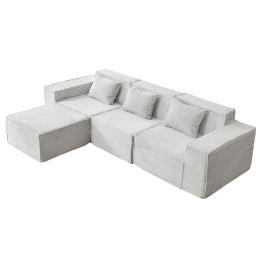 L-Shaped Modular Sectional Sofa, 3-Seater With Ottoman, Striped Corduroy Fabric, High-Density Foam For Home, Apartment, Office  Light Gray