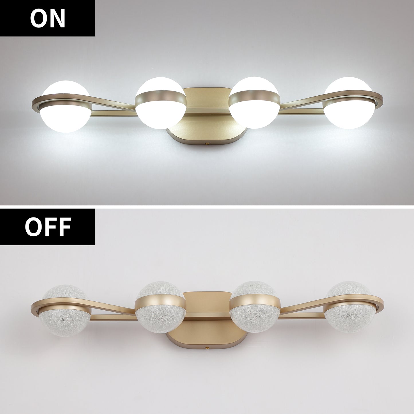 28in  Golden Minimalist LED Bathroom Vanity Light With Crystal Sand Acrylic Shades, 4-Light Wall Mounted Decorative Lighting Fixture, Suitable For Bathroom Vanity Mirror