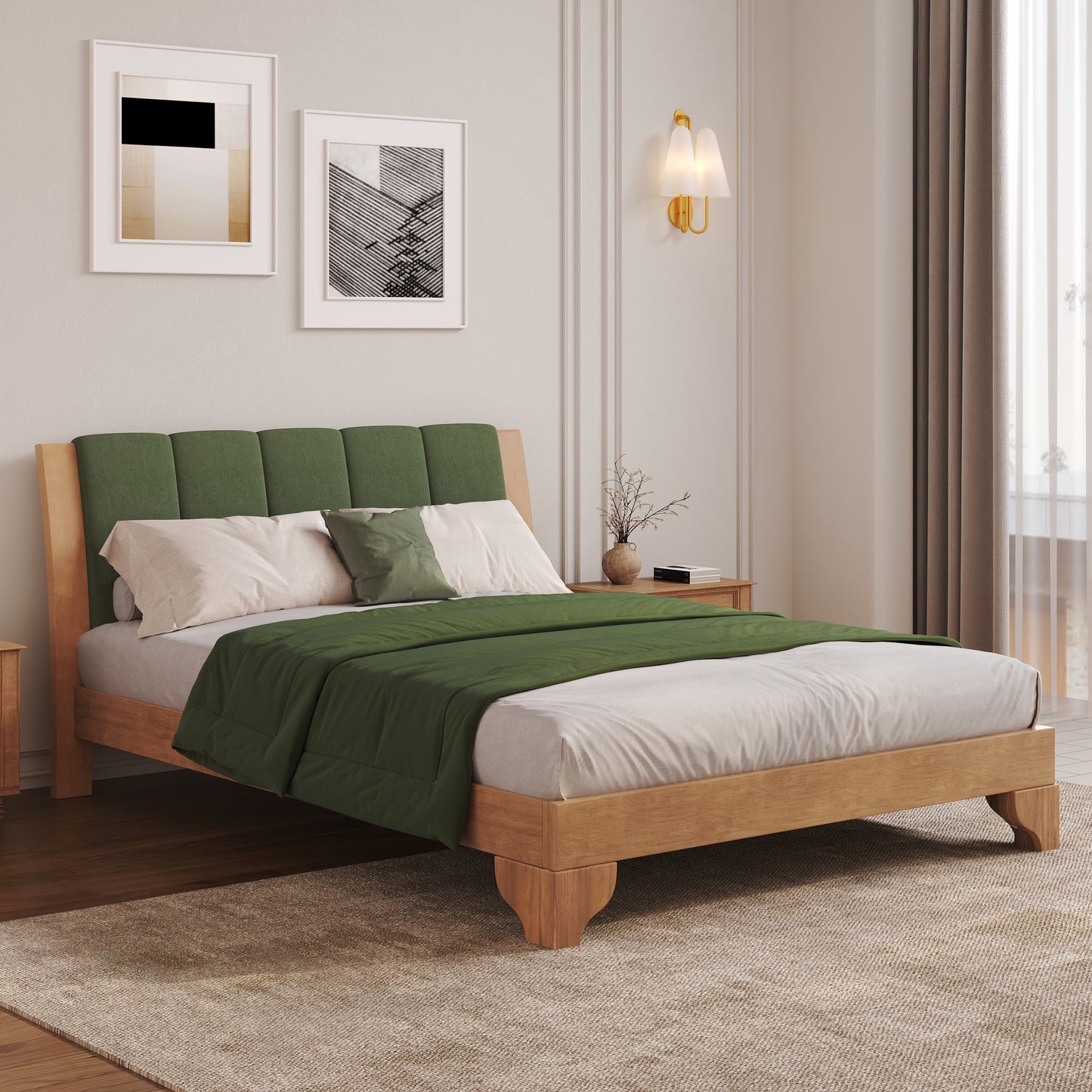 Premium Pine Wood Queen Bed Frame,Queen Size Bed Frame With Headboard Included,Mid Century Modern Bed,Natural&Green Color