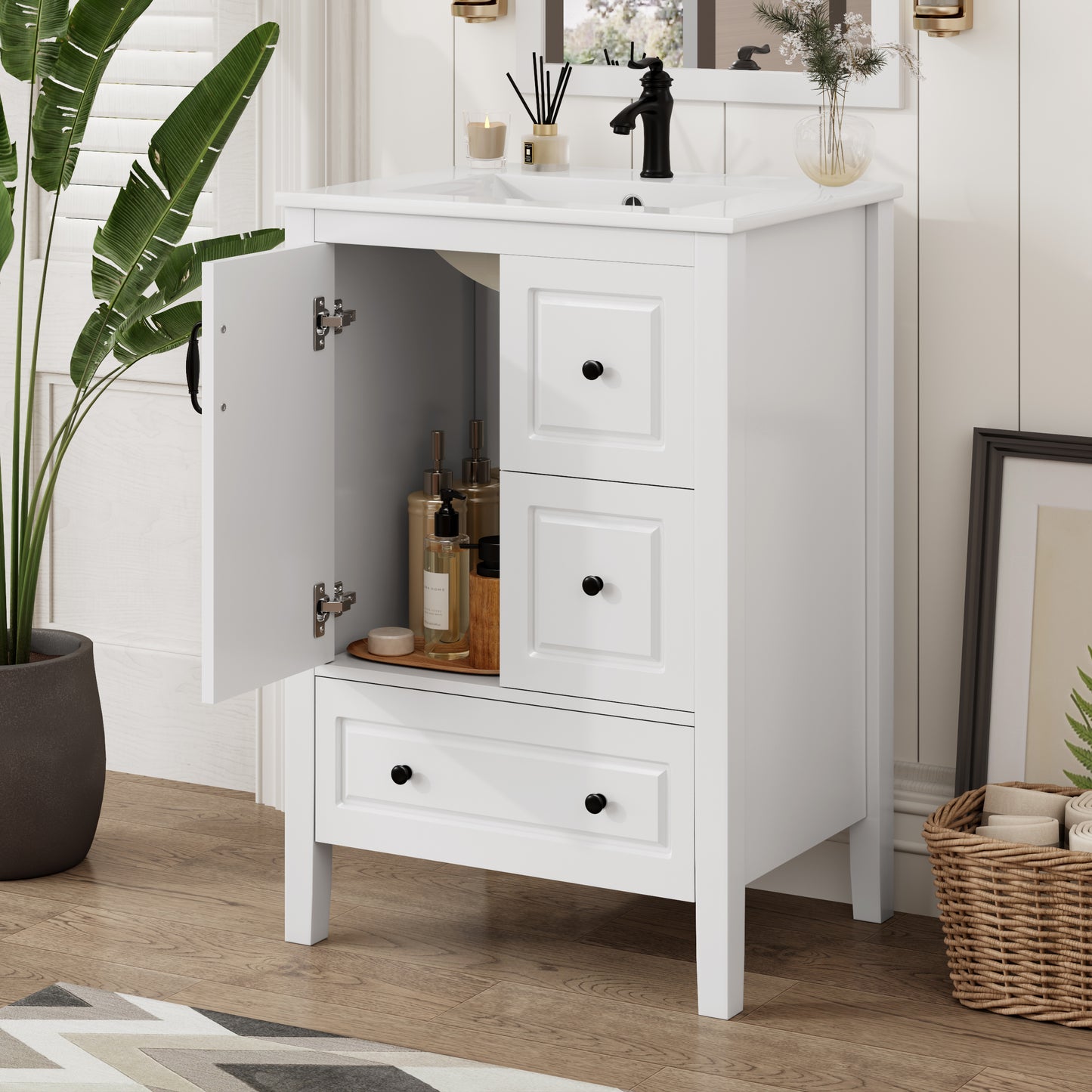 24 Inch Bathroom Vanity With Sink, One Cabinet With Soft-closing Door, 3 Soft-closing Drawers, Retro Metal Handles, White