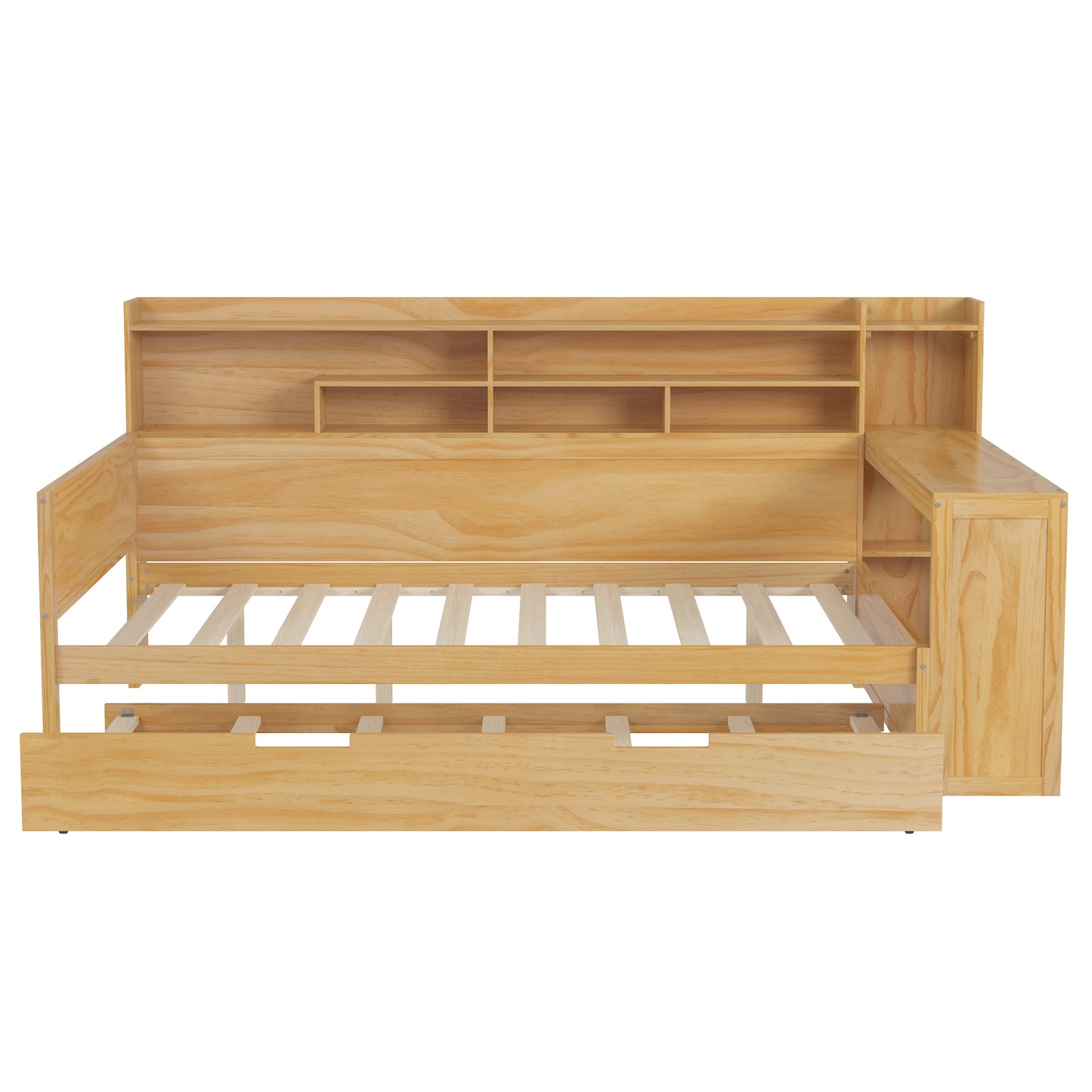 Wooden Full Size Daybed With Storage Shelves, Multi-functional Bed With Twin Size Trundle Bed And  Study Desk, Natural