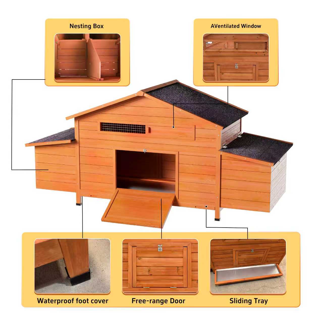 Large Wooden Chicken Coop Outdoor Hen House Poultry Cage For Outdoor With 2 Sides Nesting Boxes 2 Free- Range Doors Leakproof Tray