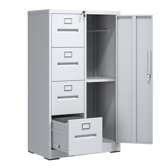 Metal Storage Vertical Filing Cabinet With Lock, Steel File Locker With 4 Drawers And 1 Door For School, Living Room, Bedroom, Office  White