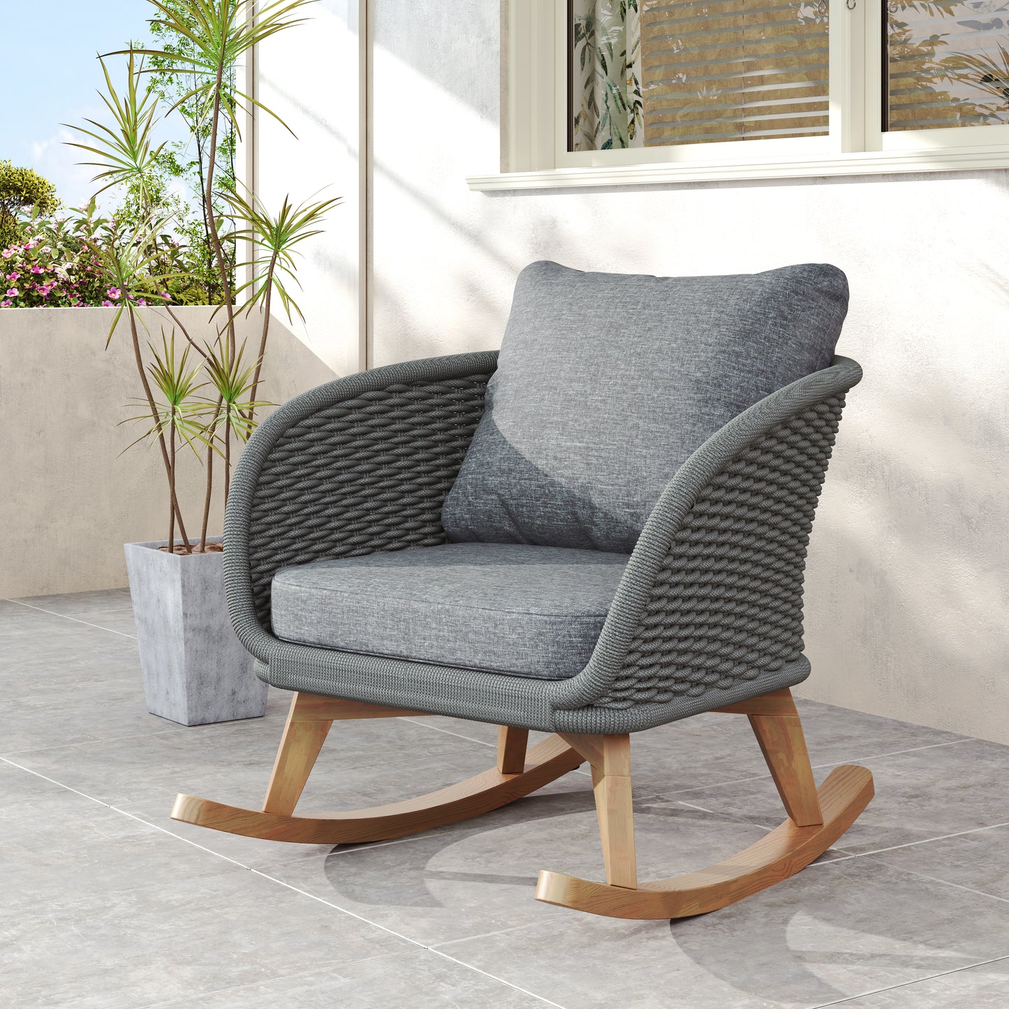 29.5  Contemporary Minimalist Gray Wicker Rocking Chair With Soft Polyester Cushions And Durable Wooden Frame, Perfect For Indoor And Outdoor Spaces Like Patio, Balcony, Or Living Room