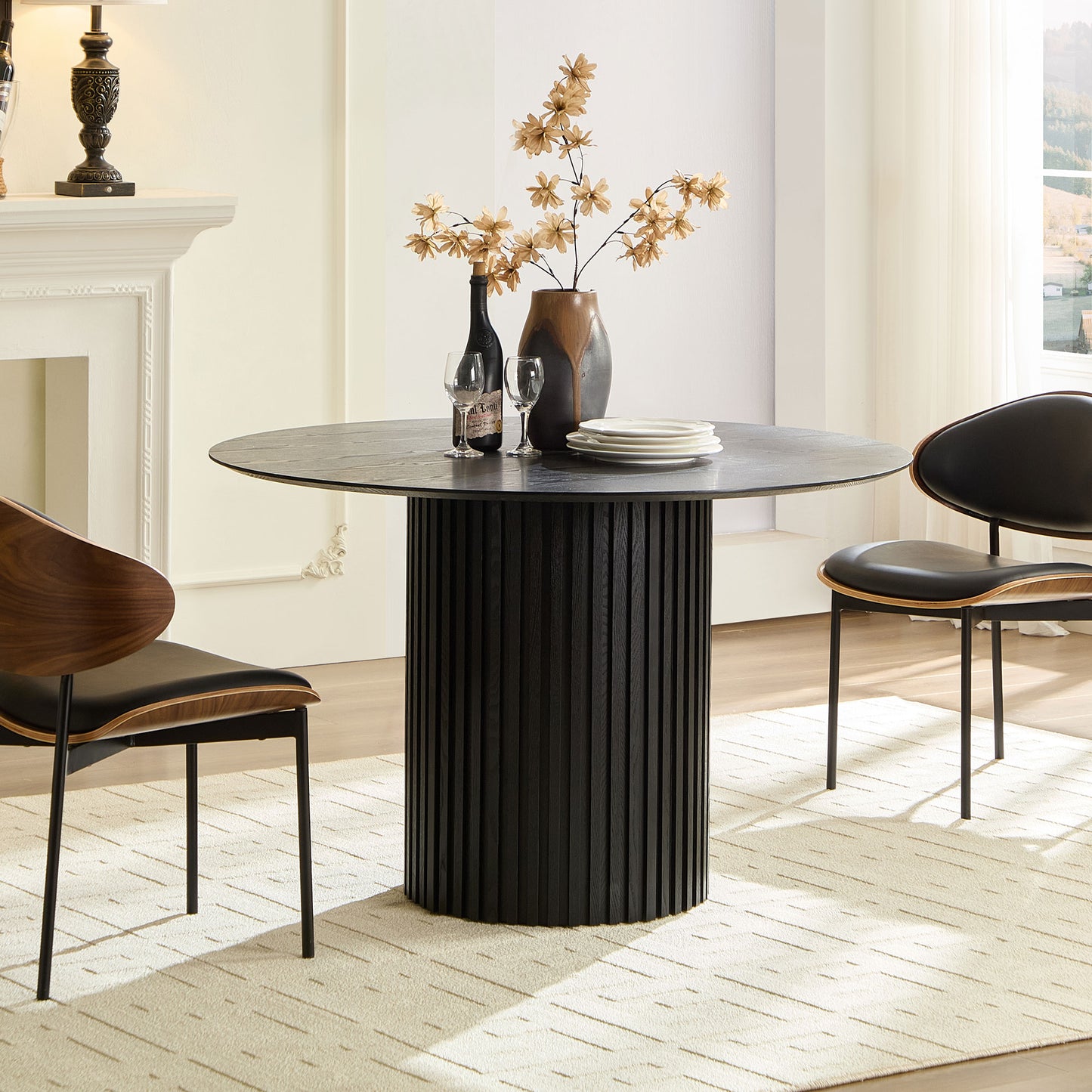 46.45 Inch MDF Dining Table For Dining Room Round Dinner Tables Mid-Century Modern Table BLACK