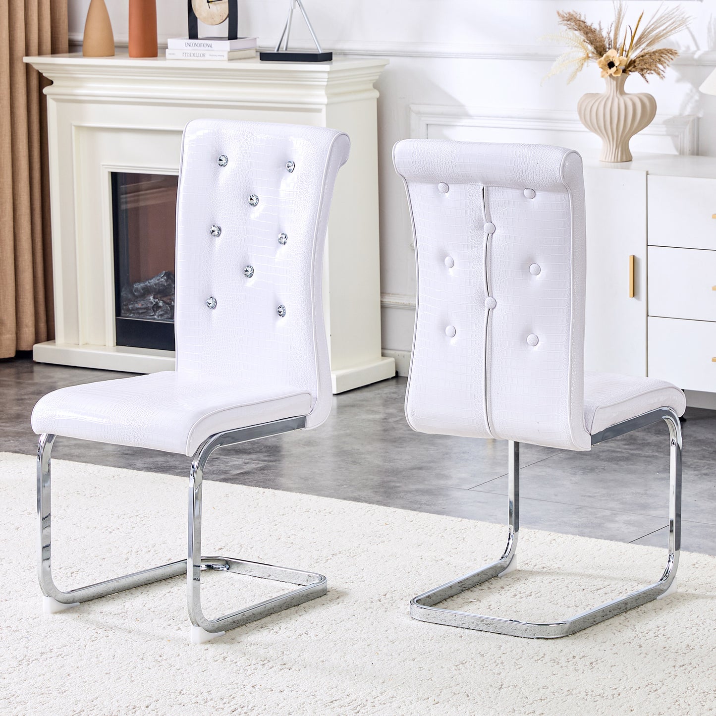 Set Of 2,Retro Alligator Skin Upholstered Dining Chairs,with Crystal Buckle Design And Faux Leather Design,a Touch Of Elegance And Mystery To The Dining Area,Electroplated Metal Legs