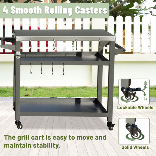 3-Shelf Outdoor Grill Table, Grill Cart Outdoor With Wheels, Pizza Oven And Food Prep Table, Blackstone Table With Stainless Steel Tabletop, Grill Stand For Blackstone Griddle For Outside BBQ