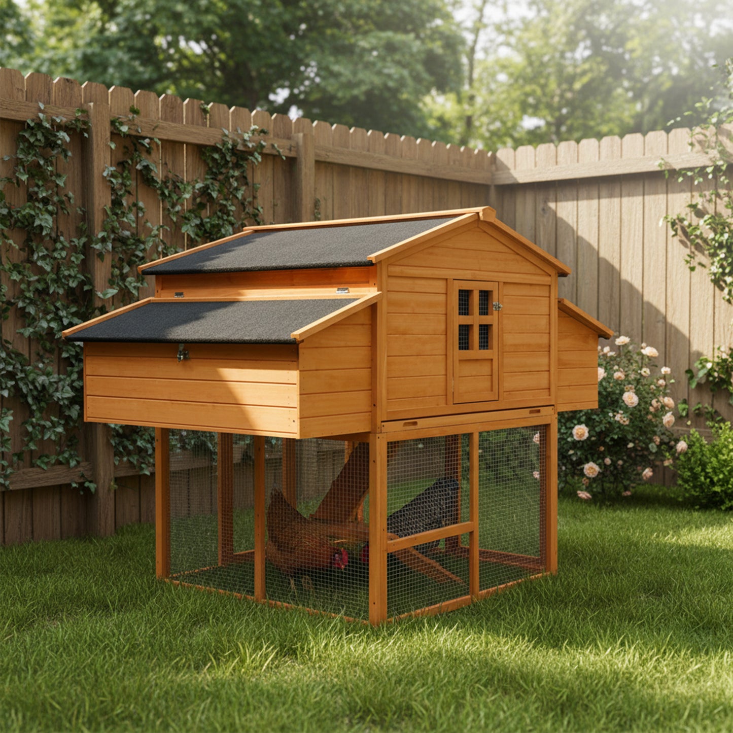 Chicken House For Outdoor With Two Nesting Box  Leakproof Pull- On Tray  And UV- Resistant Roof Panel