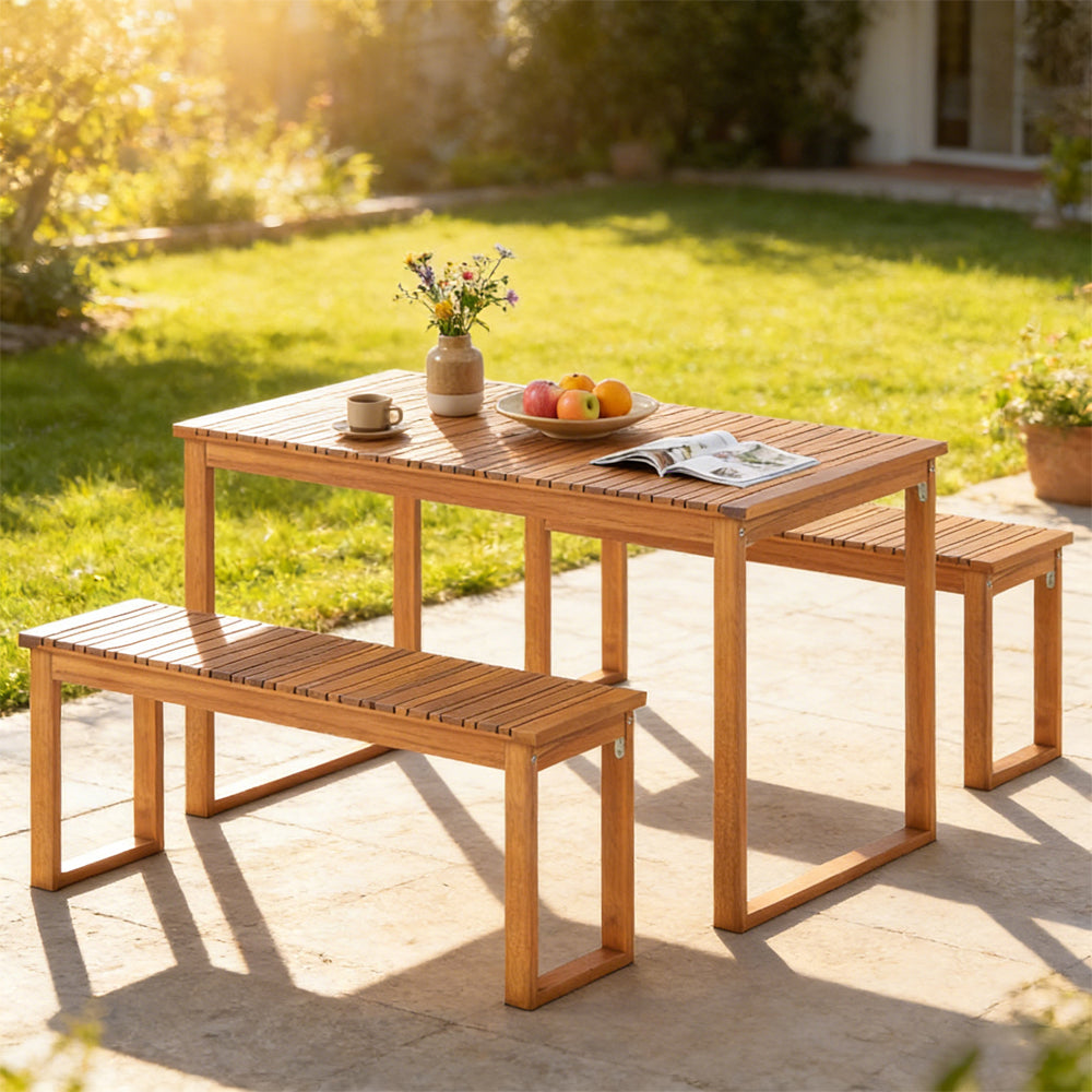3 Pieces Acacia Wood Picnic Set With Outdoor Dining Table And 2 Benches For 4 People For Patio, Garden, Yard, Or Poolside Use