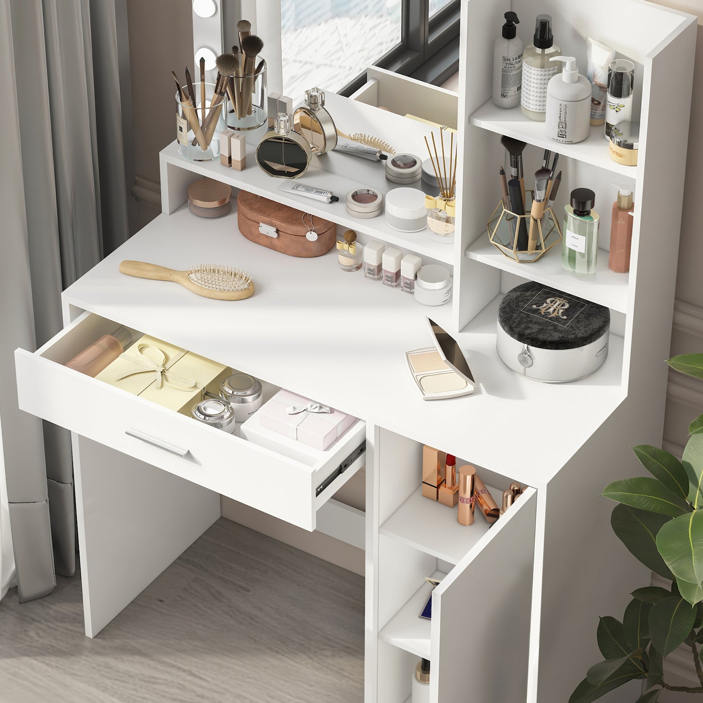 Vanity Desk With Mirror & Light, Large Drawer Three Level Storage Dresser, 3 Lighting Modes Adjustable Brightness, Bedroom Dressing Table White