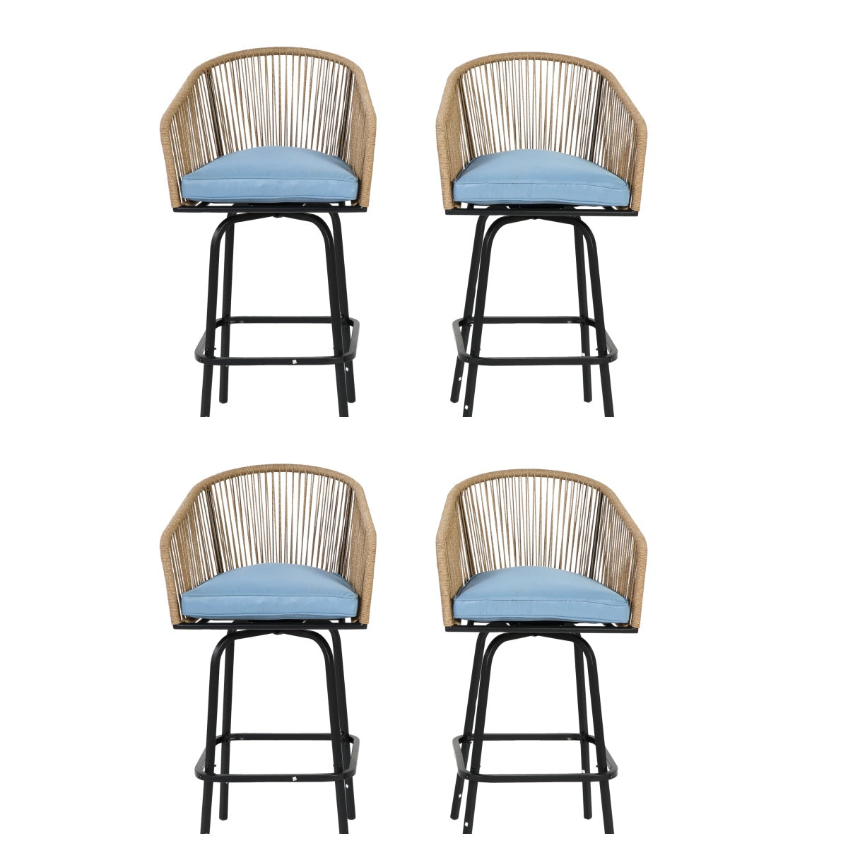 Outdoor Bar Stools Set Of 4, 4-Piece Patio Bar Stools With Armrests, All Weather Rattan Bar Chairs With Backrest, Wicker Bar Stools For Backyard, Garden, Pool, Balcony And Deck-Blue