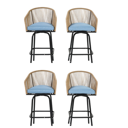 Outdoor Bar Stools Set Of 4, 4-Piece Patio Bar Stools With Armrests, All Weather Rattan Bar Chairs With Backrest, Wicker Bar Stools For Backyard, Garden, Pool, Balcony And Deck-Blue