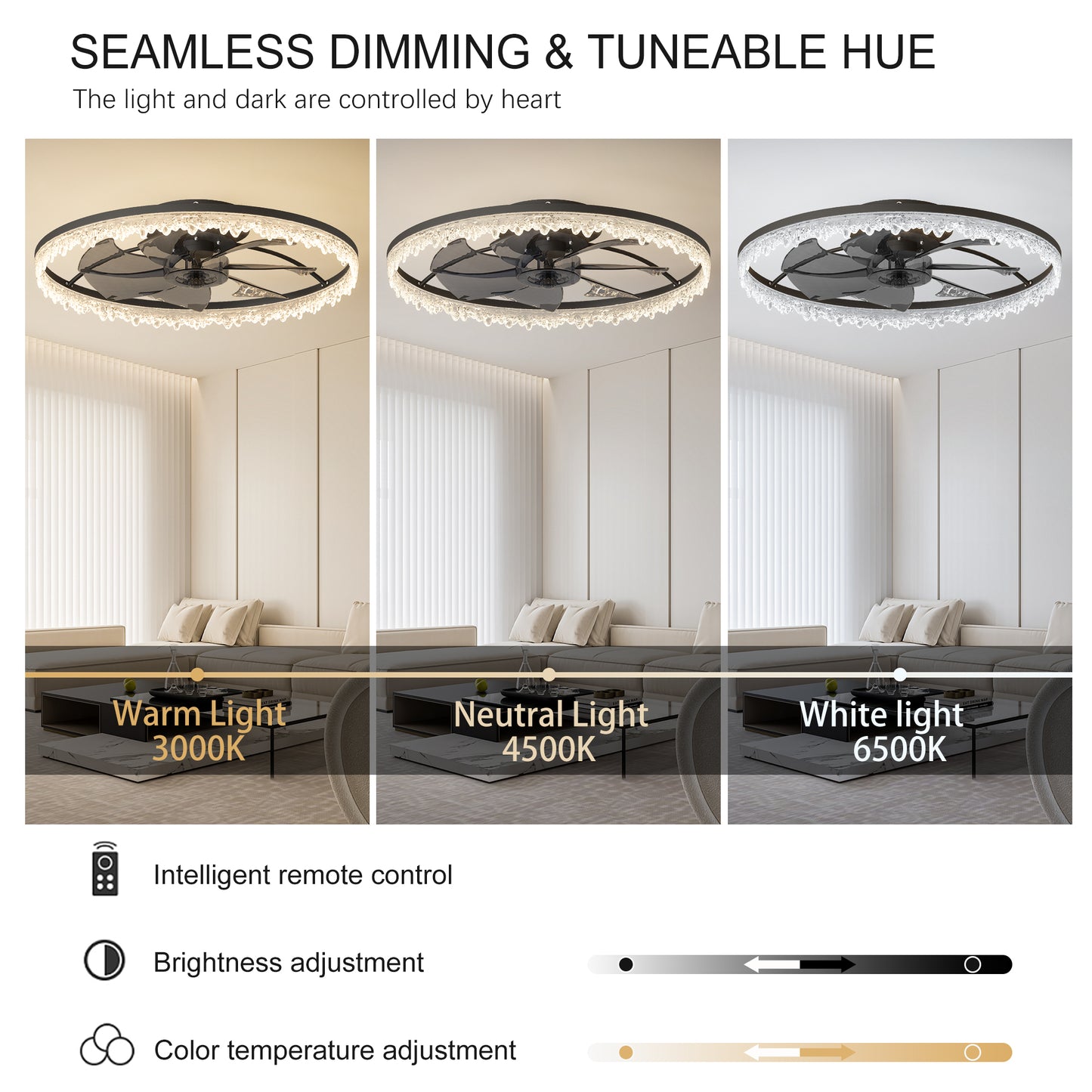 Luxury Crystal Ceiling Fan With Lights - 24'' Flush Mount LED Chandelier Fan With 5 Invisible Blades, Remote & Timer, Bright Dimmable Lighting For Bedroom, Living Room, Dining Room