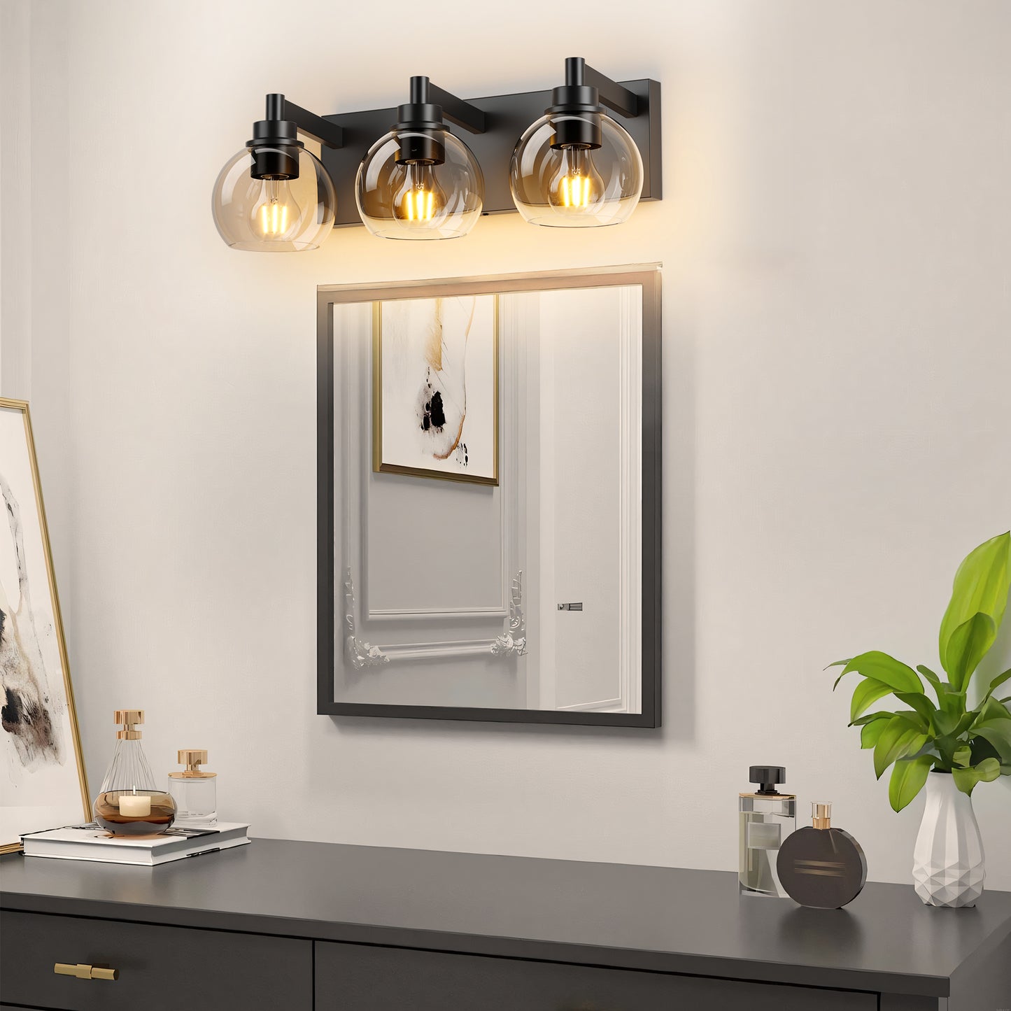Bathroom Vanity Light,Modern 3-Light Bathroom Lighting Fixtures Over Mirror With Clear Glass Shade And Metal Base,Matte Black Bathroom Lighting