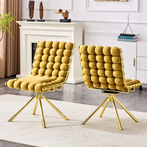 Set Of 2 Yellow Puffy Bubble Chair Ball Chain Chair Velvet Dining Chairs With Gold Legs, Modern Tufted Accent Chairs For Dining Room & Kitchen