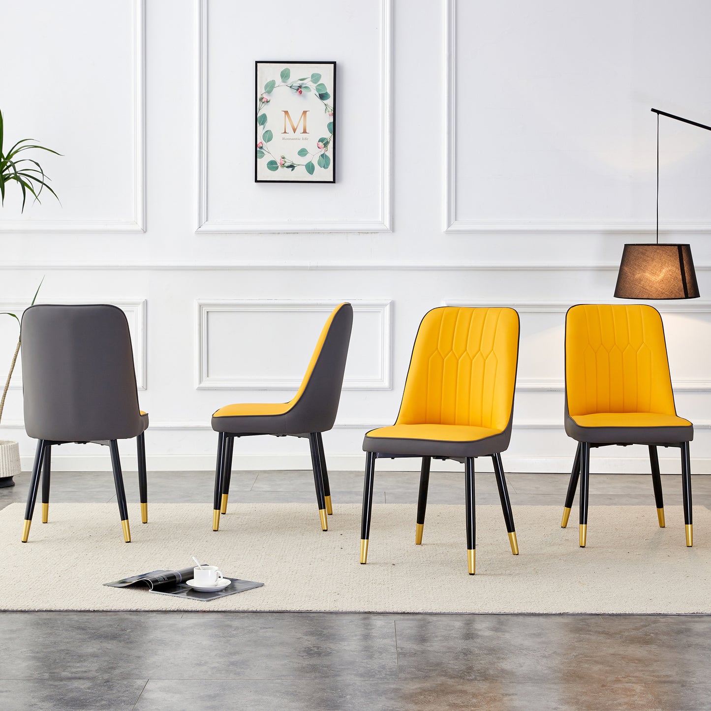 A Modern Dining Chair With Orange Yellow Dark Gray Dual Tone PU Leather Backrest And Black Metal Legs, Suitable For Kitchens, Bedrooms, And Offices. Set Of 4 Pieces  Orange Yellow, Dark Gray PU C-007