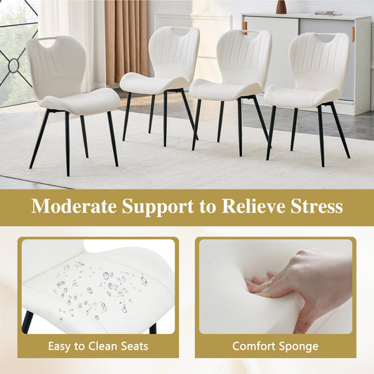 Set Of 4 White PU Dining Chairs With Integrated Handle. Black Metal Frame, Adjustable Leveling Feet. Home Dining Chairs With Extra-Wide Comfortable Cushion, Versatile For Multiple Scenarios.