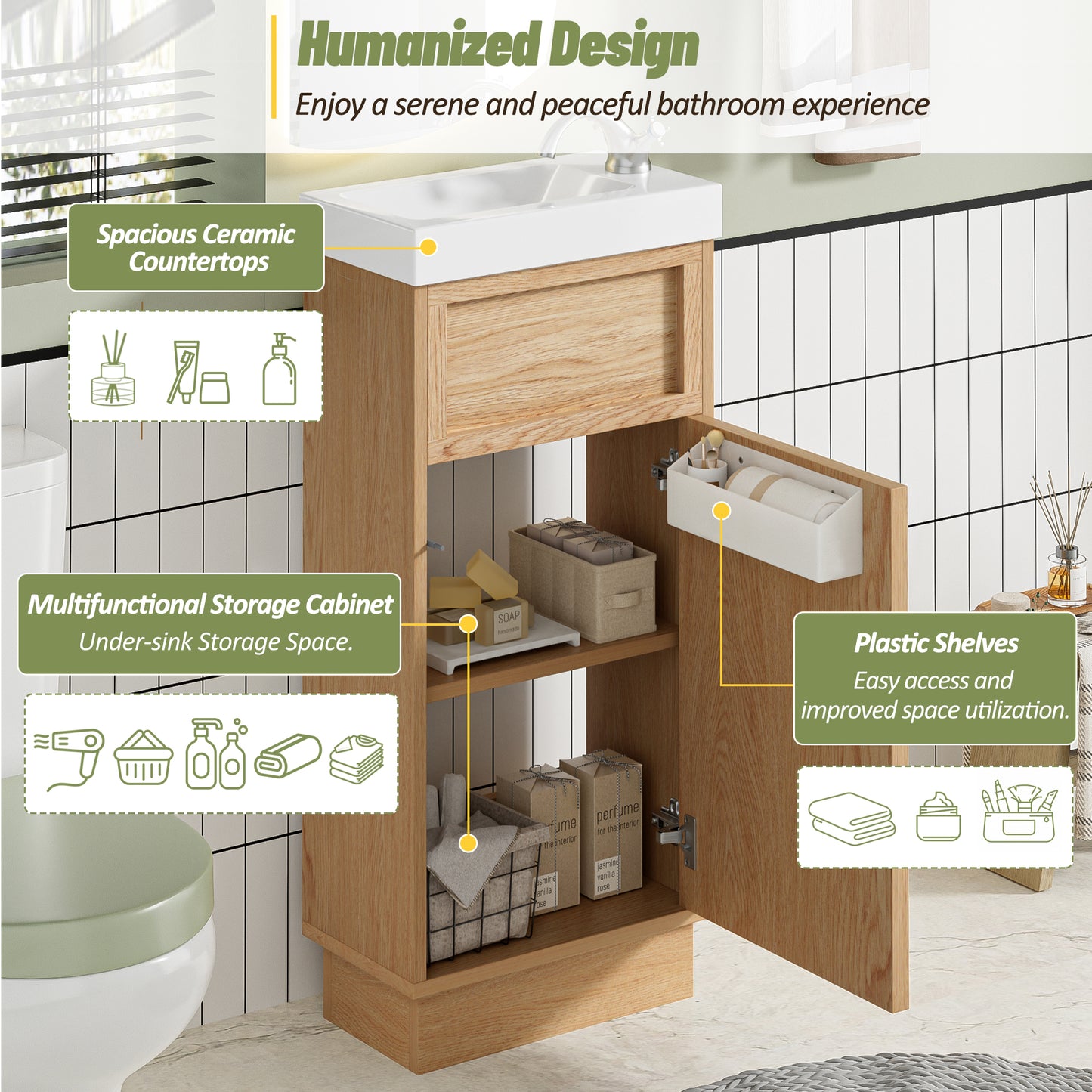 15.75  Bathroom Vanity With Reversible Resin Sink, MDF Cabinet With Adjustable Shelf And Push-to-Open Door, Wood Grain Melamine Finish, Reversible Door, Rustic Style For Small Spaces